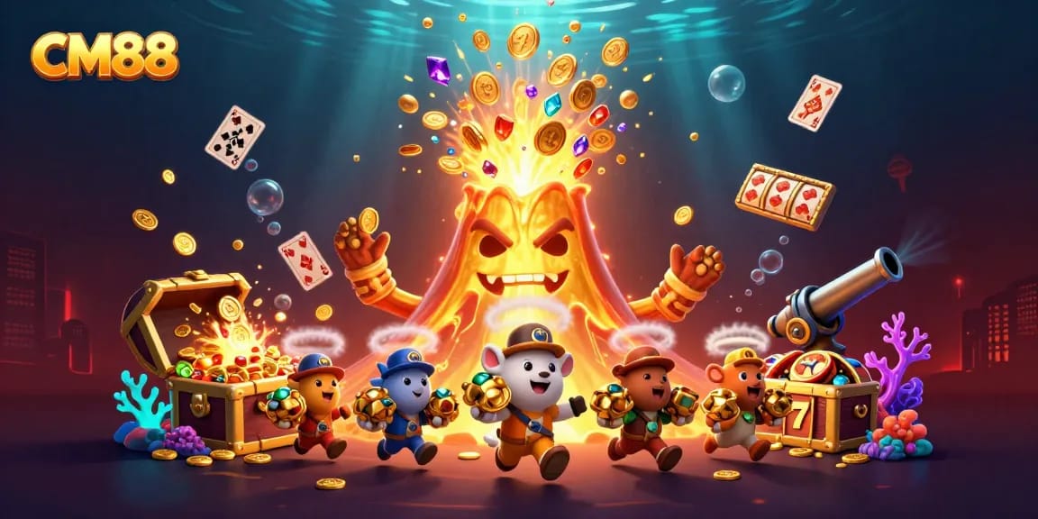 Engage with CM88’s thrilling treasure hunt in a vibrant casino-themed underwater explosion.