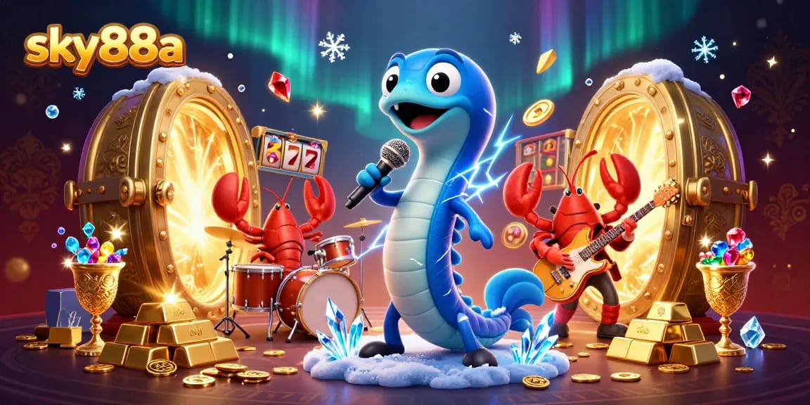 sky88a showcases a vibrant underwater casino scene with electric eel DJing among gold treasures and slot reels.