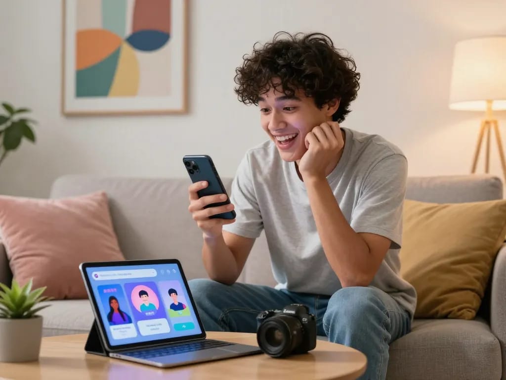 Sexting AI: Young adult happily chatting with an AI chatbot in a cozy modern living room