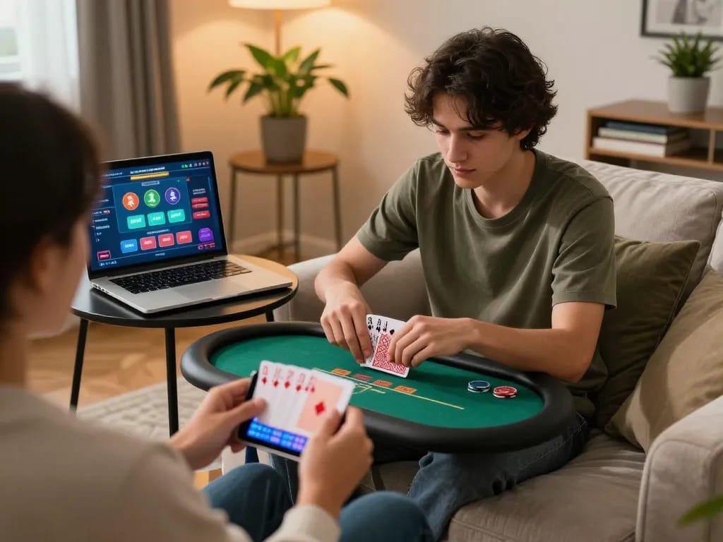 Player strategizing in online poker on tablet, showcasing aud77 gaming interface in cozy home