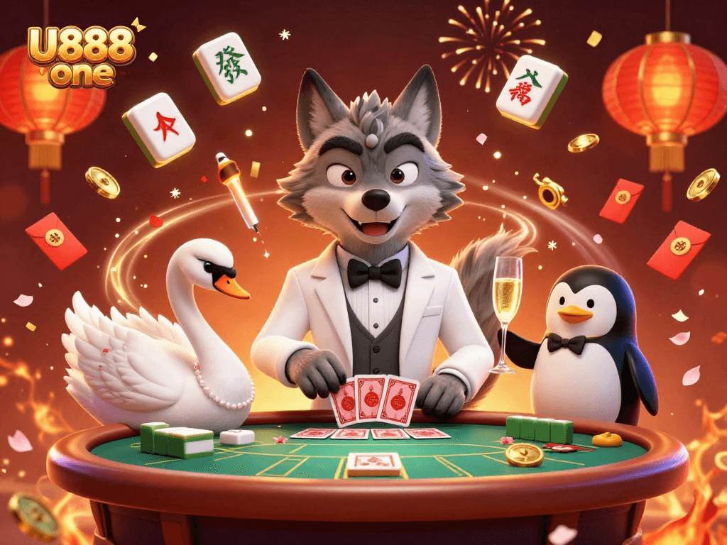 Engage in thrilling casino action with U888 one featuring lively characters at a baccarat table.