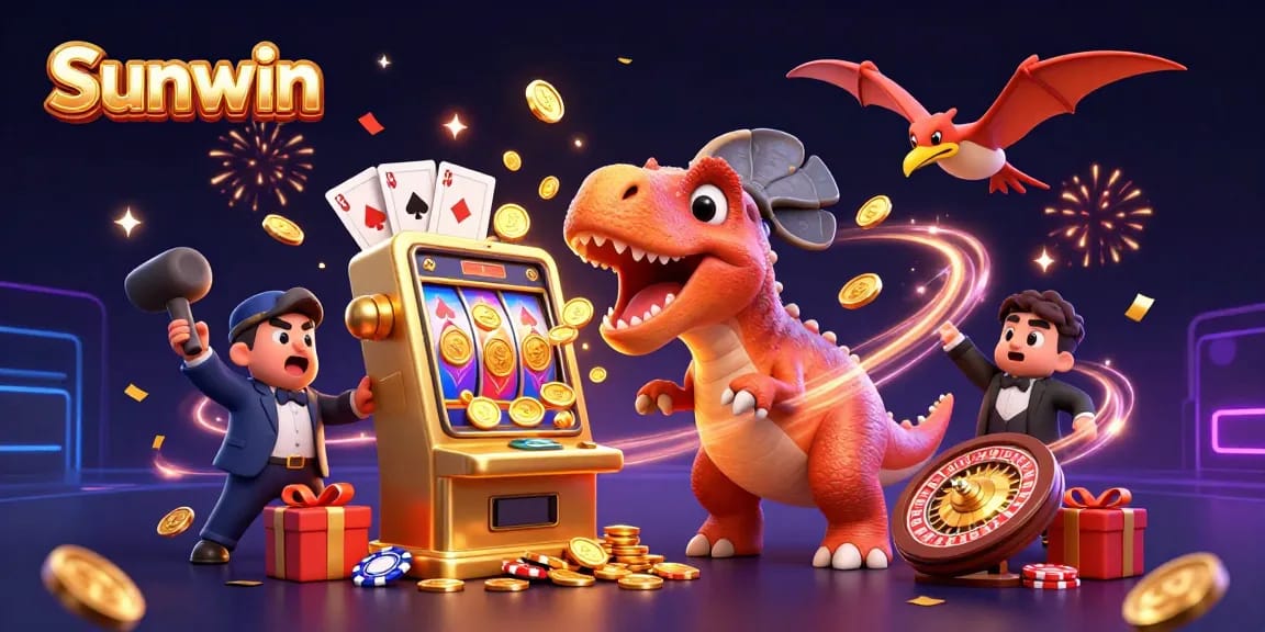 Experience the excitement of Sunwin as a cartoon dinosaur hits a jackpot at a casino.