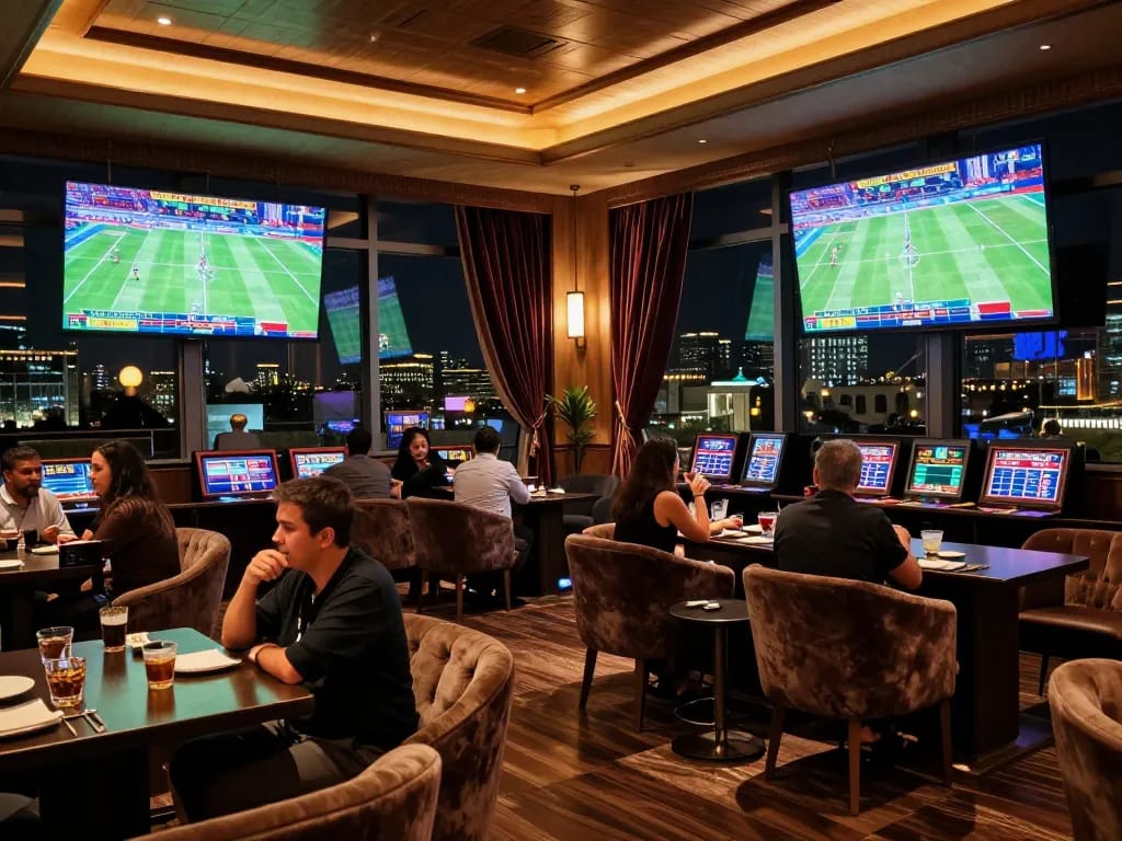 Experience thrilling sports betting at cm88's luxurious lounge with live game screens and stylish decor