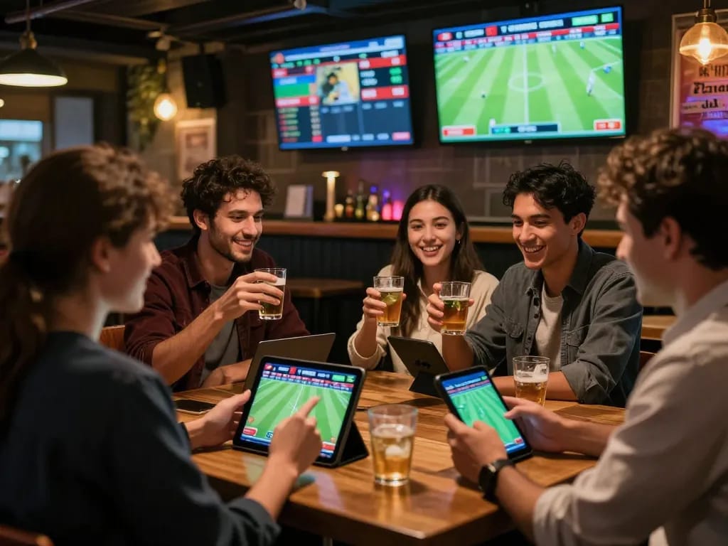 Engaging atmosphere of sports betting with บ้านผลบอล7m displaying live match updates and excited bettors.