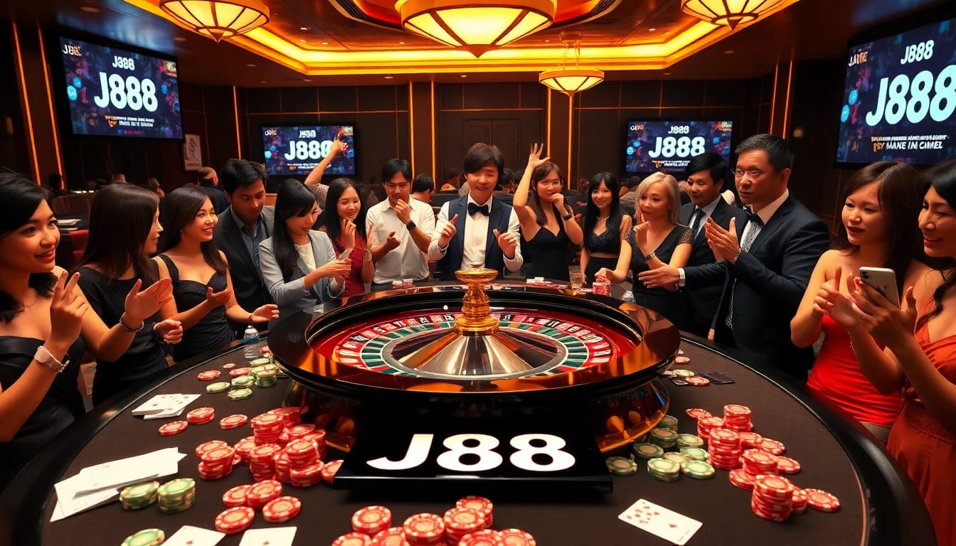 Play J88 at a vibrant casino table with chips and cards in hands.