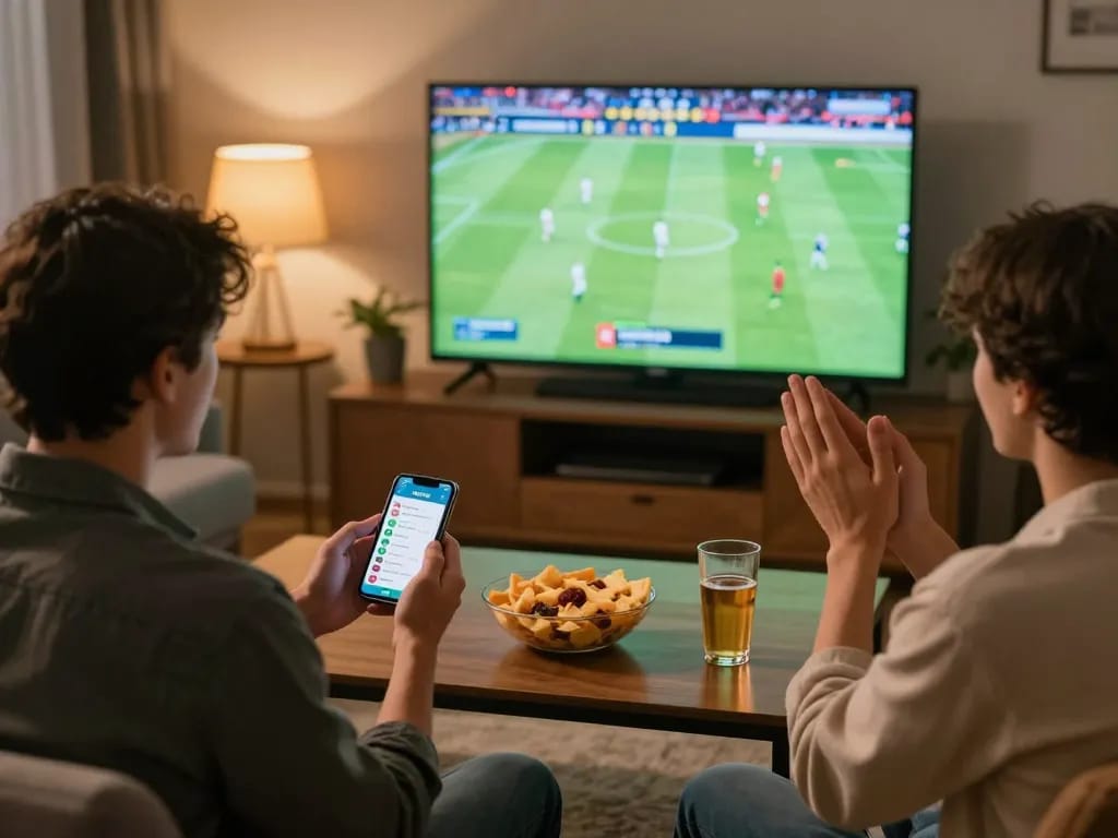 Exciting sports betting experience with friends watching lương sơn tv live on TV and using betting apps.