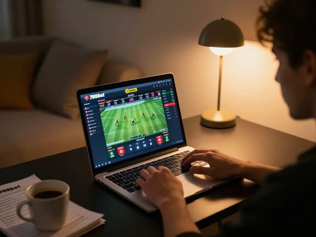 Betting on 789bet: Enthusiast engages with online sports betting in a cozy home setup