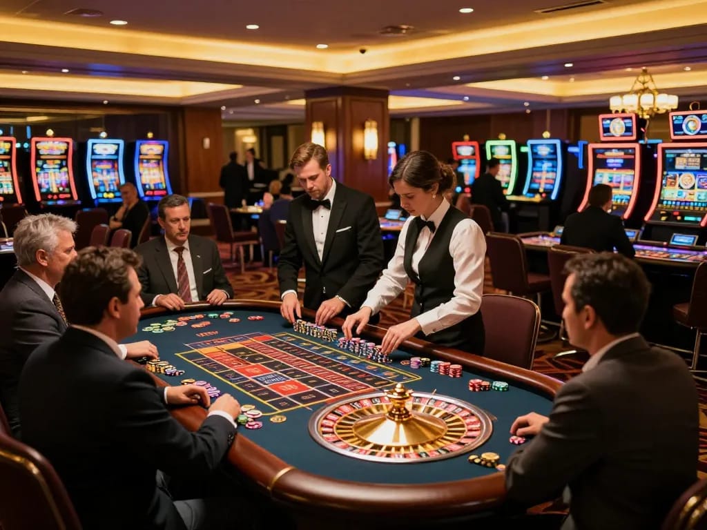 Experience the thrill of casino gambling at Soibet with players at the roulette table in an upscale venue