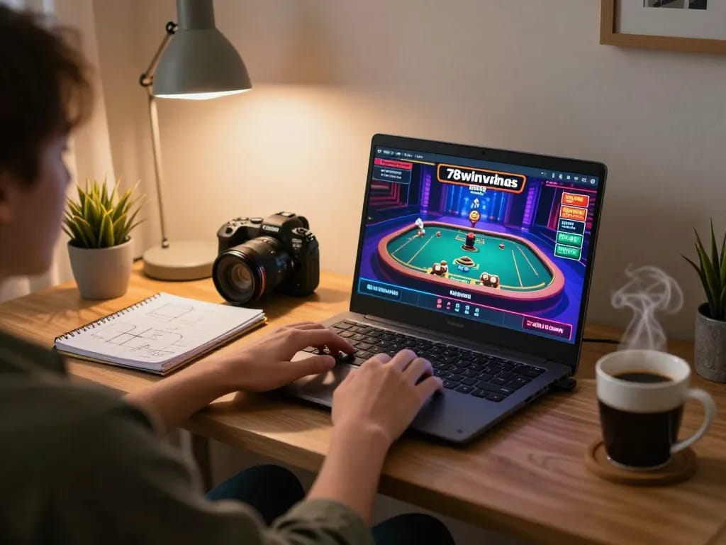 Player engaging in live casino games at 78winvina platform, showcasing home gaming setup