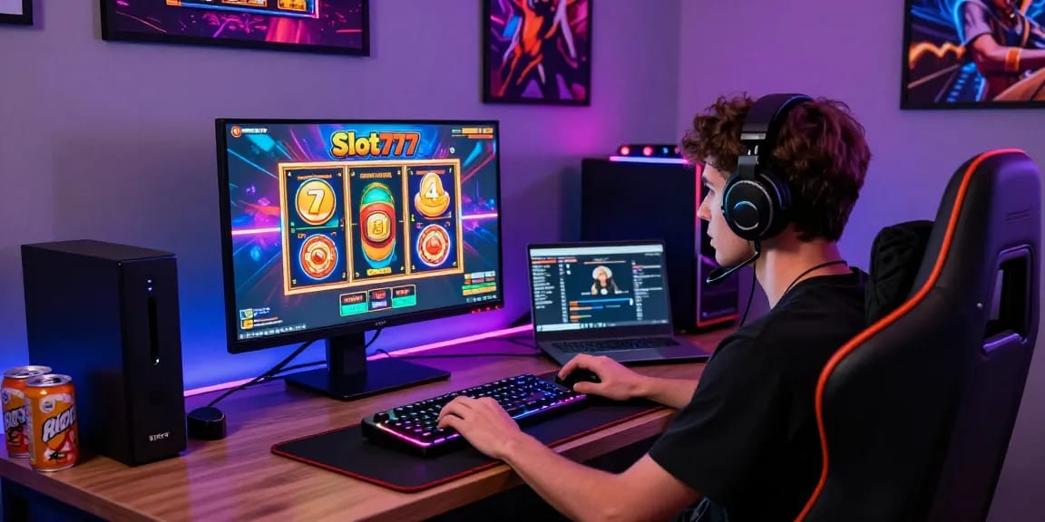 Slot777: Pemain terlibat dalam sesi permainan slot online di ruang permainan yang modern dan penuh warna.