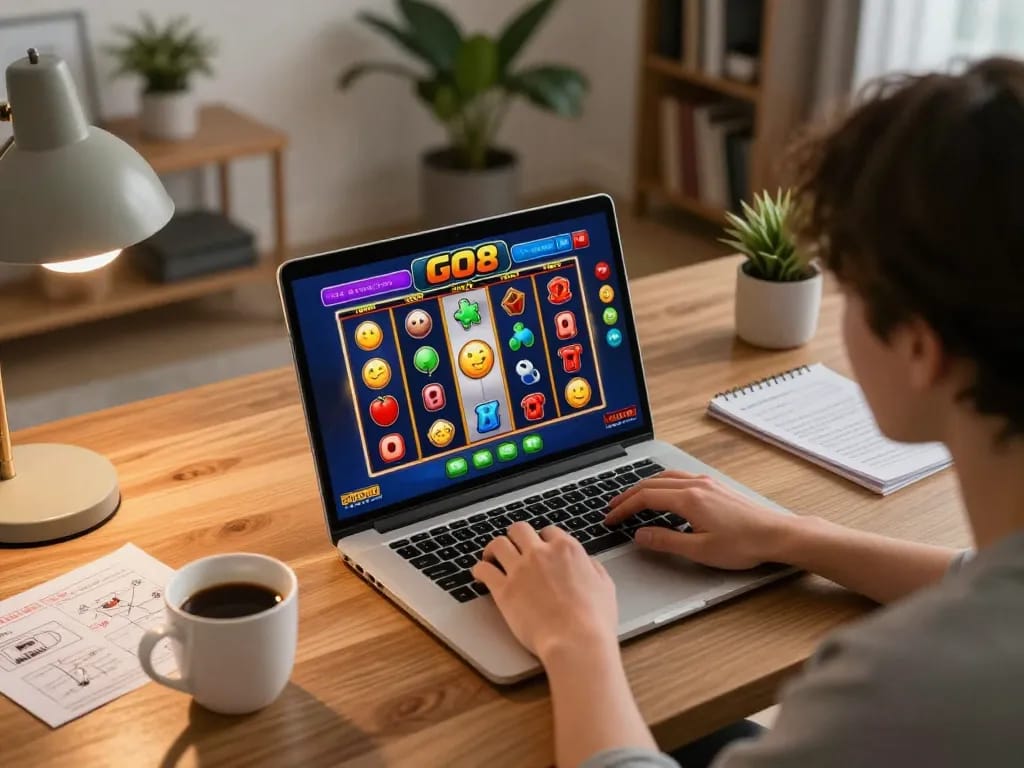Engaged player enjoying GO8 slots on a laptop in a cozy home setup, showcasing vibrant gaming atmosphere and responsible entertainment.