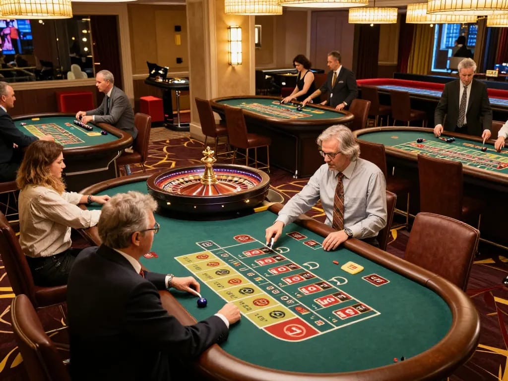 Players strategizing on roulette tables at a vibrant casino floor while exploring cloud-africa