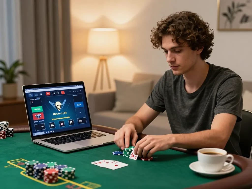 Join the excitement with 78win poker gameplay on a laptop, highlighting strategic online betting.