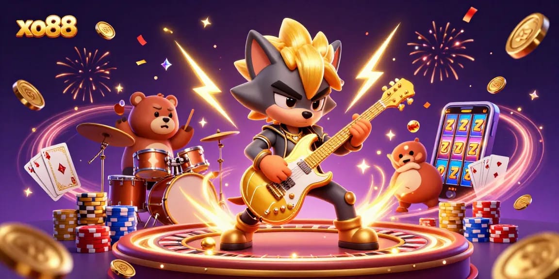 Experience thrilling gameplay at xo88 with an electrifying scene featuring a rock star wolf and wild drummer bear.