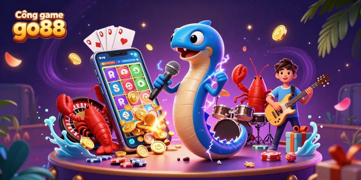 Cổng game go88 features an electric eel DJ in an underwater casino with vibrant slots.