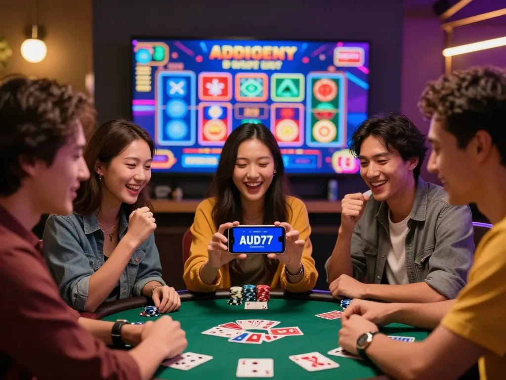 Friends celebrating a win with aud77 e-wallet on a smartphone in a lively casino setting.