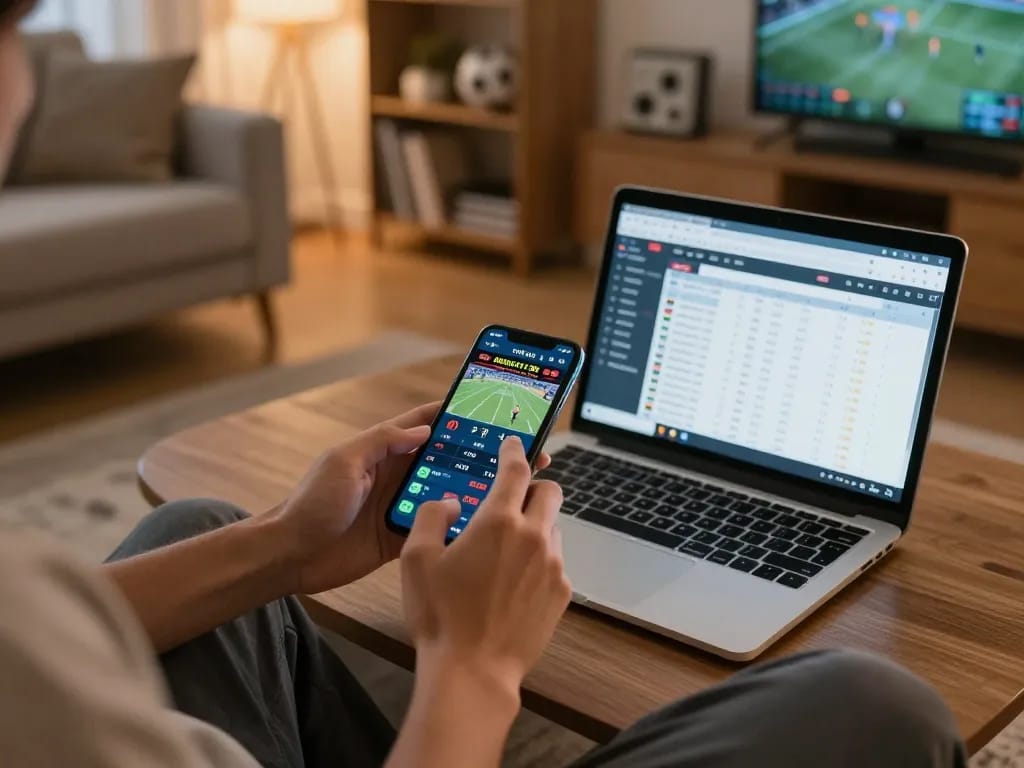 F168 user placing bets on a sports betting app in a cozy home environment, showcasing live game odds.