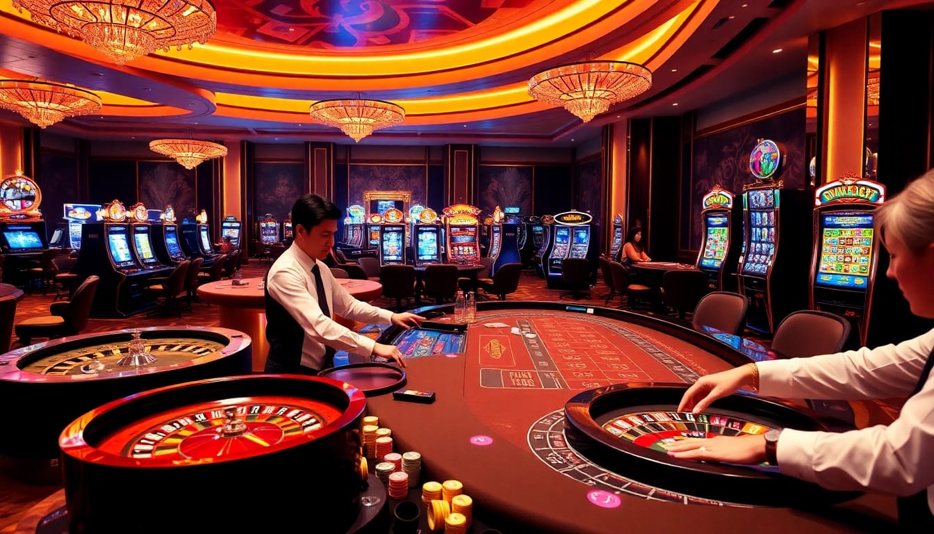 IWIN68 players enjoying vibrant casino games with a professional dealer at a luxurious gambling table.