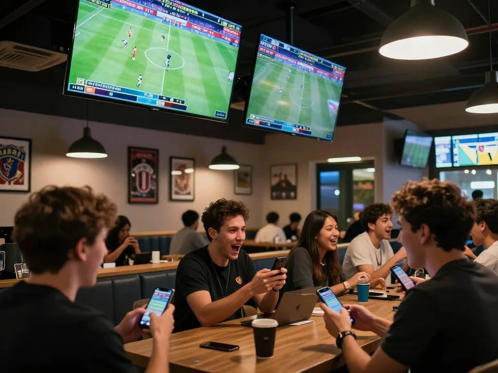 Exciting sports bar scene featuring patrons engaging in ฟุตบอล betting on mobile devices with vibrant match displays.