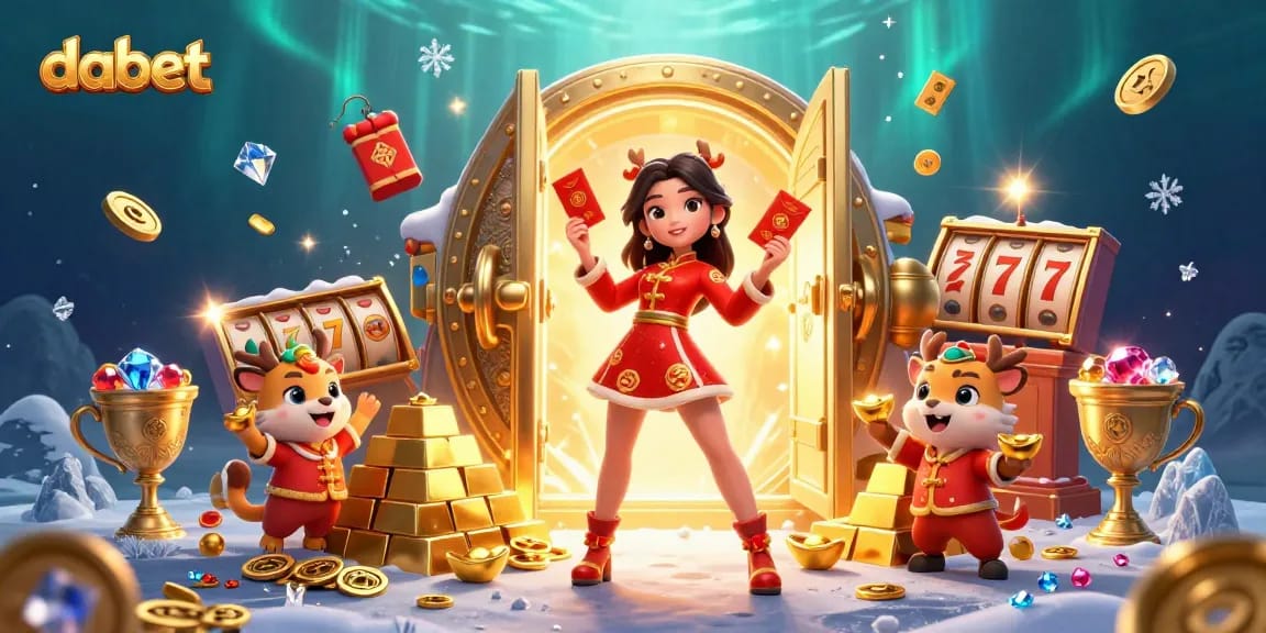 Join the fun at dabet with vibrant characters celebrating casino wins amid treasure and luck.