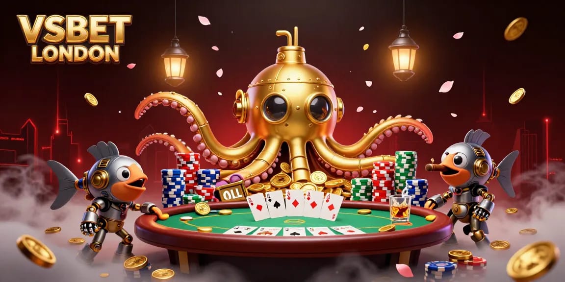 Engage in thrilling poker action at VSBET LONDON featuring stunning 3D kraken submarine illustration.