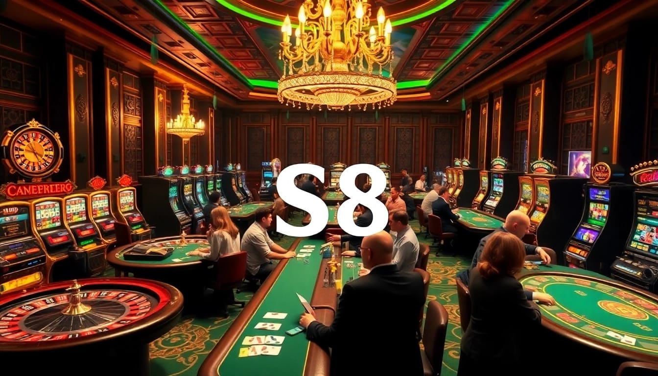 S8 gambling excitement with colorful chips and vibrant roulette wheels on a casino floor.