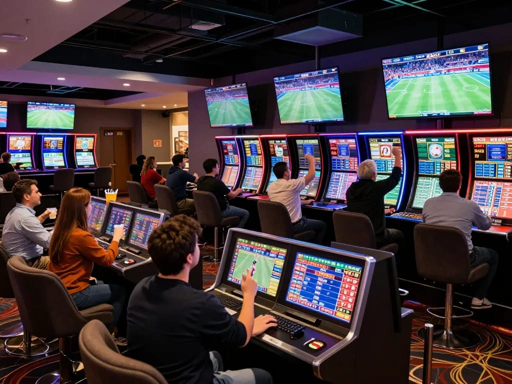 In kp88, patrons celebrate a winning bet in a lively sports betting lounge, featuring enthusiastic fans and vibrant decor.