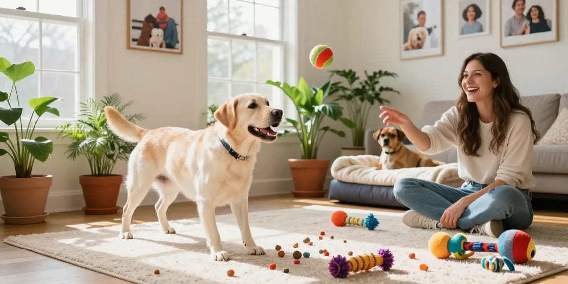 Owner playing fetch with a Labrador in a vibrant living room, showcasing rokok88 pet care.