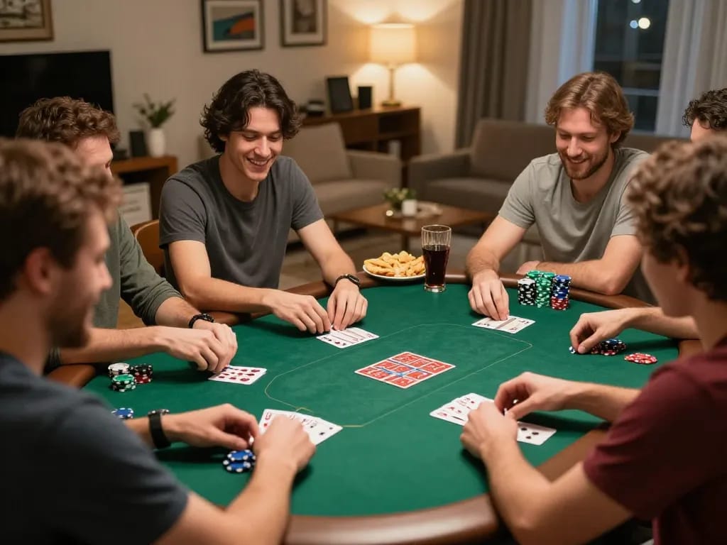 Players enjoying a fun poker game at home, showcasing their strategic moves and camaraderie through mb668 gaming activities