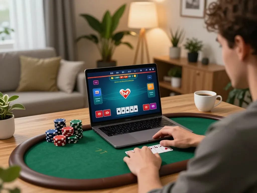 Player using F168 for online poker with engaging visuals on the screen, cozy home atmosphere.