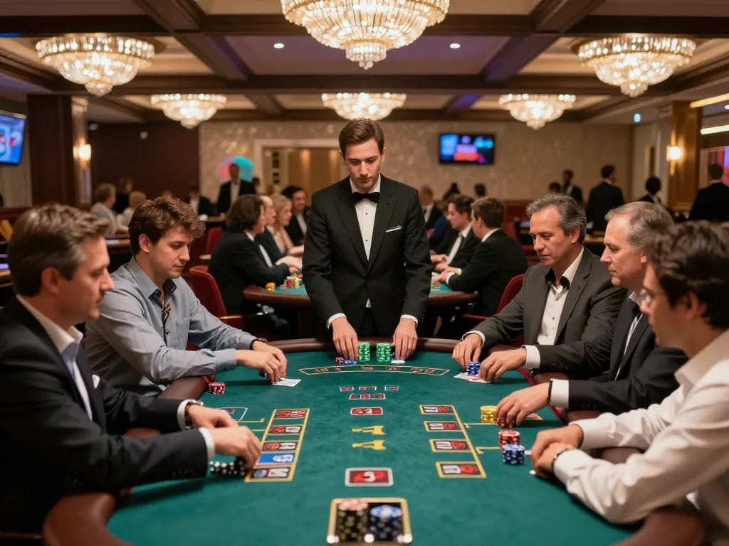 X88 players strategizing bets at blackjack tables in a luxurious casino atmosphere