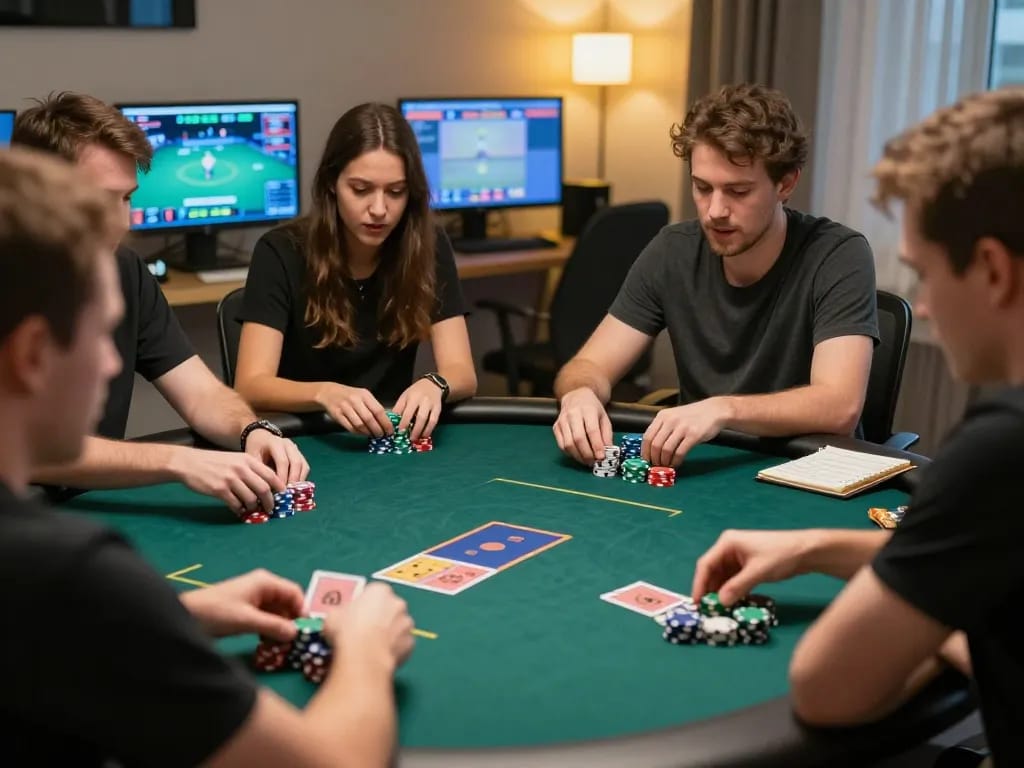 Players engaging in online poker at home with SC88 Link visible in their gameplay, showcasing strategy and excitement.