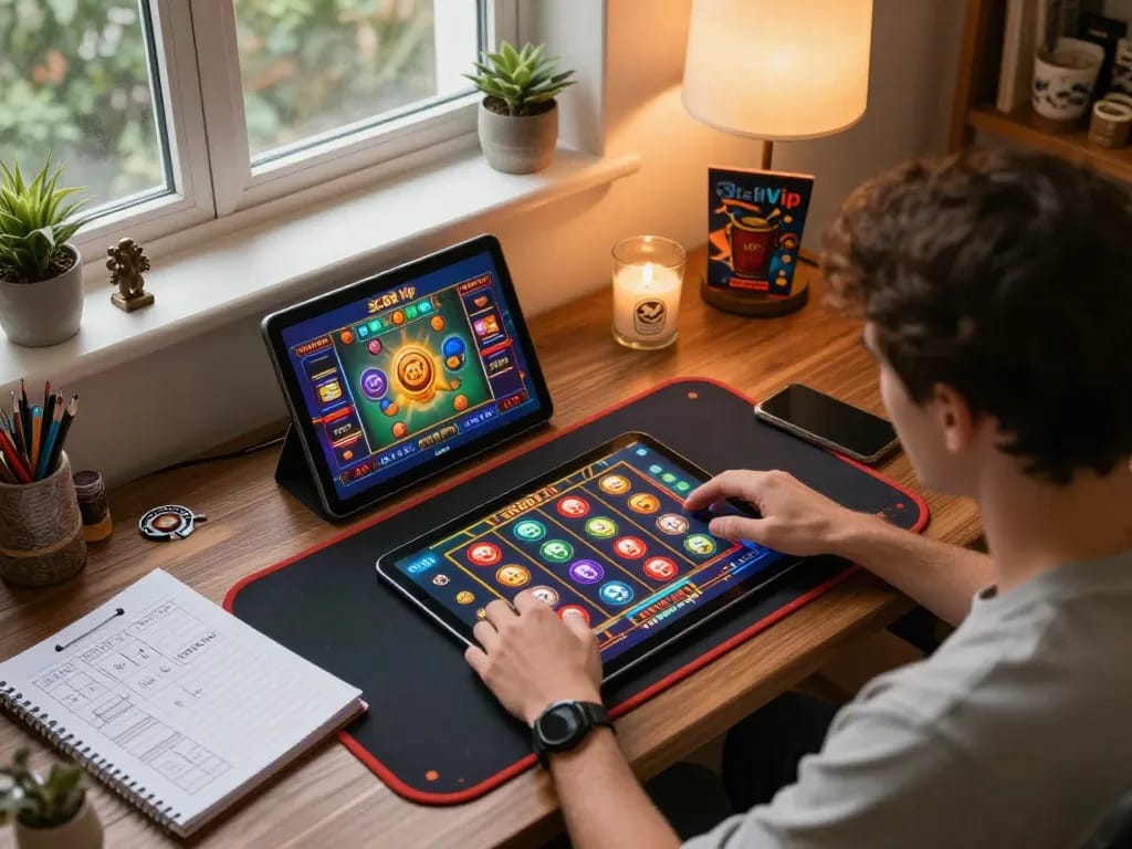 Engaging in thrilling gameplay at SC88 Vip online casino, featuring vibrant slots on a tablet.