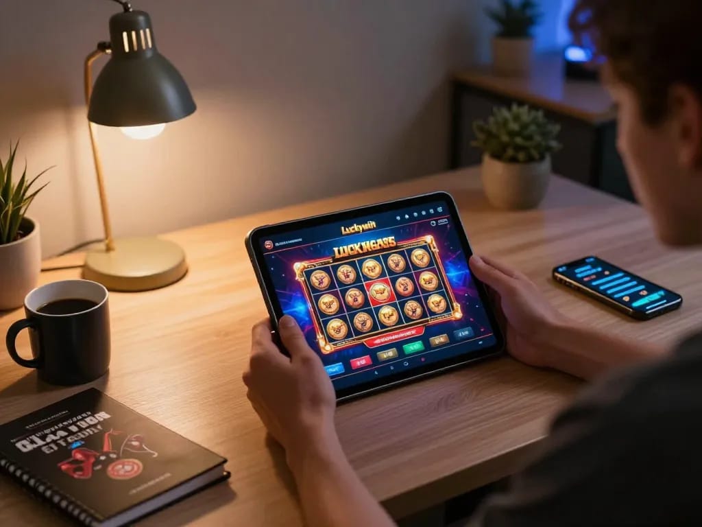 Engaging with the Luckywin casino app on a tablet while relaxing in a cozy home office.