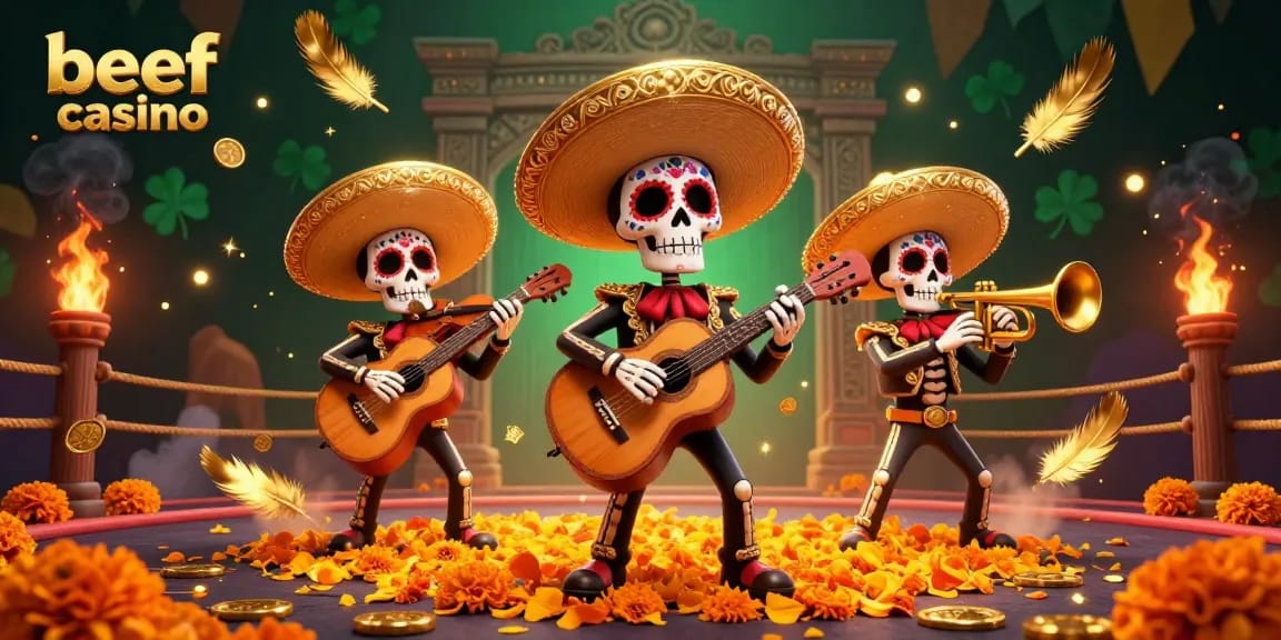 Interaktive Szene im Beef Casino mit einer lebhaften Mariachi-Band, Glückssymbolen und dynamischen Spielelementen.
