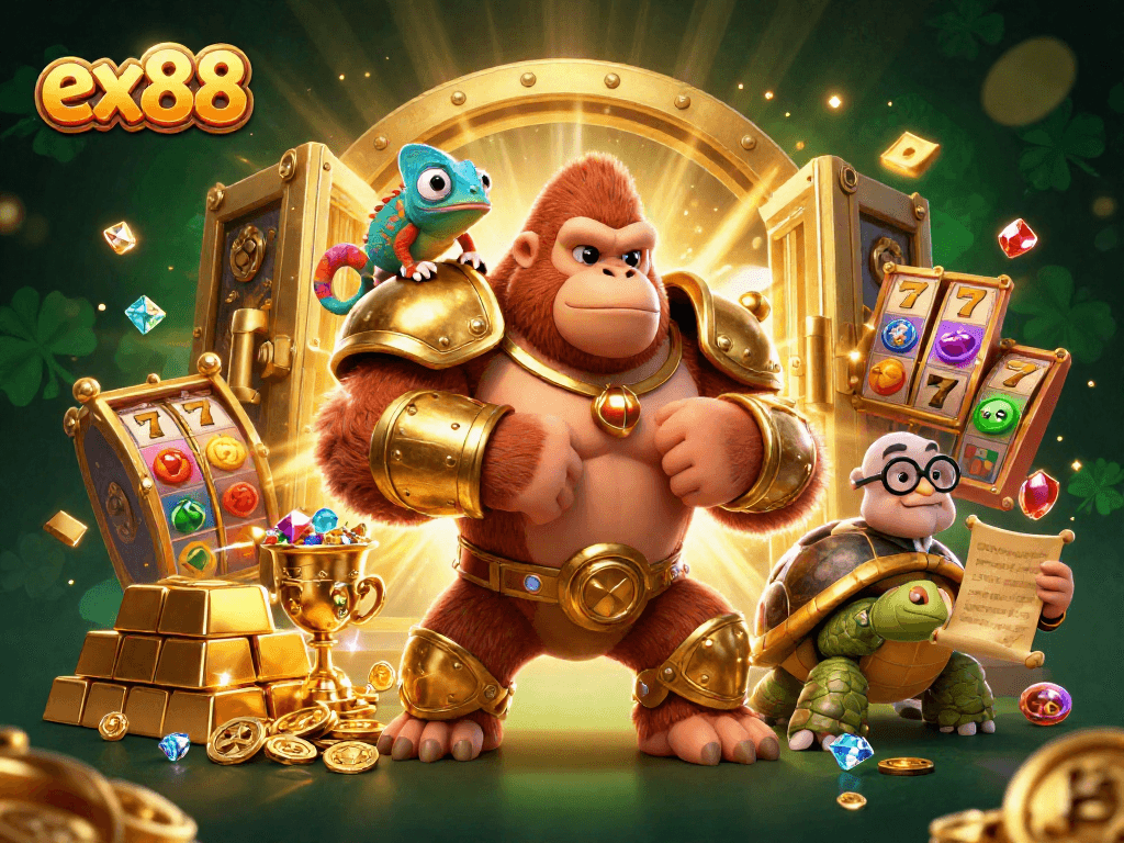 Dynamic ex88 casino scene with a powerful gorilla king, chameleon companion, and tortoise elder ensuring winning strategies.