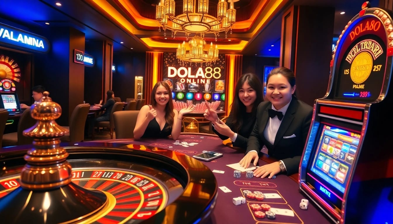 DOLA88 players enjoying an engaging game at a luxury casino with roulette and poker tables.