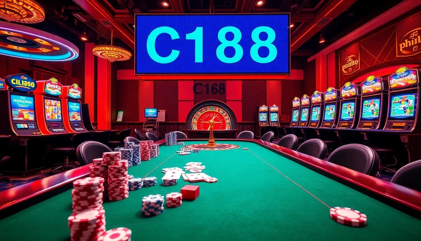 A thrilling C168 casino environment featuring poker chips, a roulette wheel, and modern slot machines.