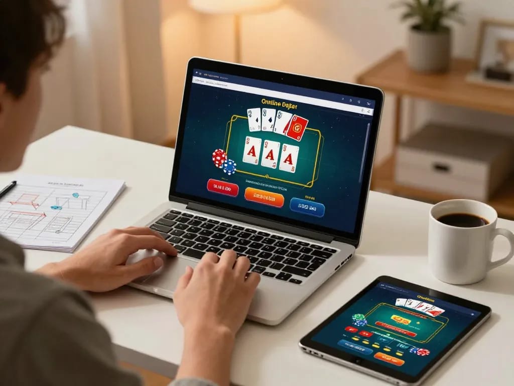 Enjoying online gameplay at o8net3 with a laptop and tablet, showcasing casino action.