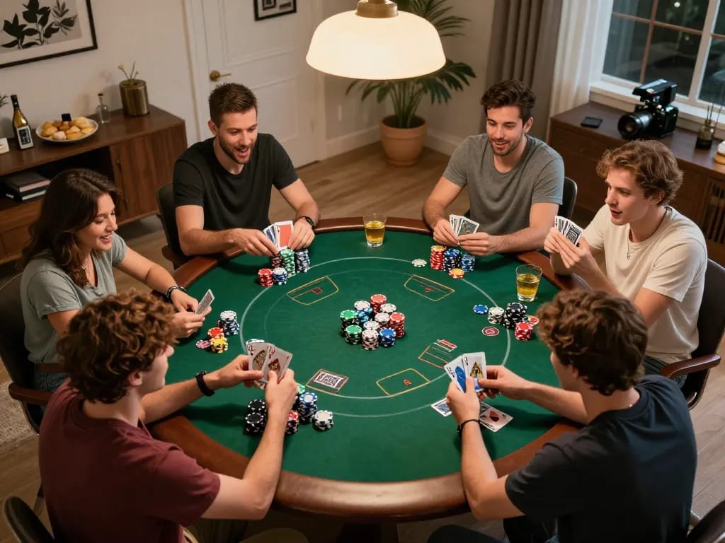 Players enjoy a poker game at home while engaging with alo8net, showcasing excitement and social interaction.