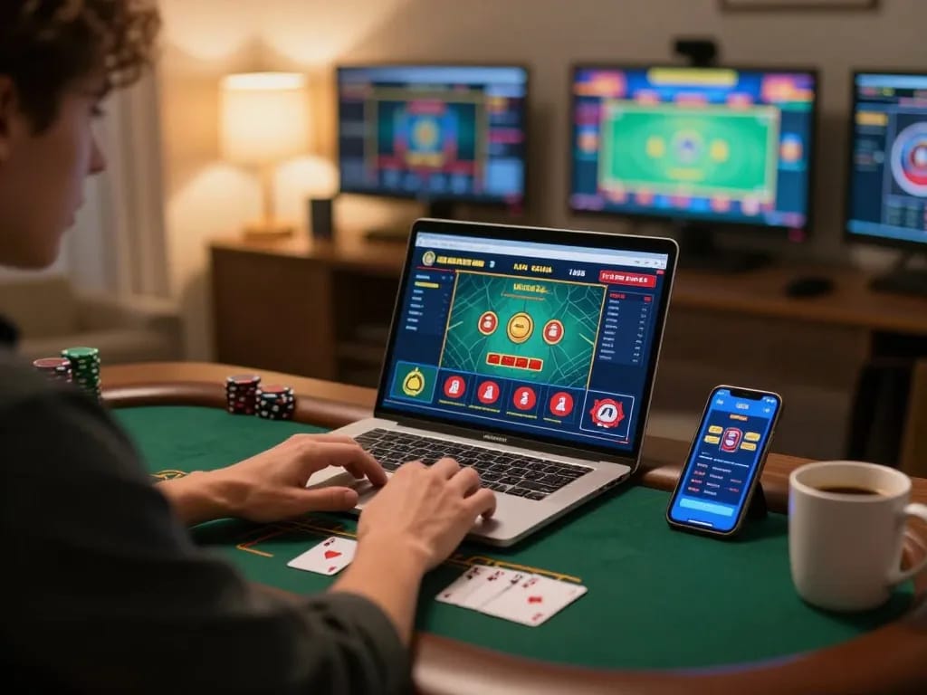 Engaging scene of online gamers using link vua88 for live dealer blackjack in a cozy home office.