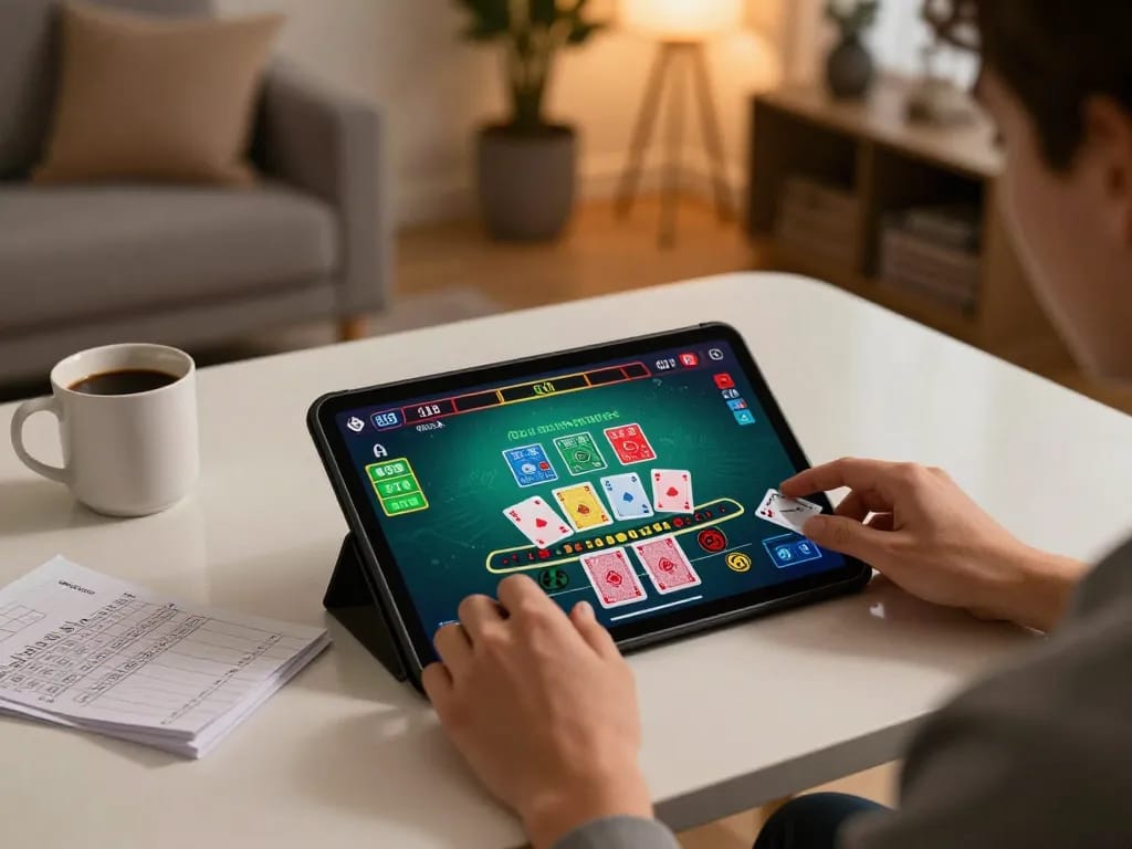 Người chơi LUCK8 tham gia vào một trò chơi blackjack trực tiếp trên máy tính bảng, thể hiện trải nghiệm chơi cân bằng.