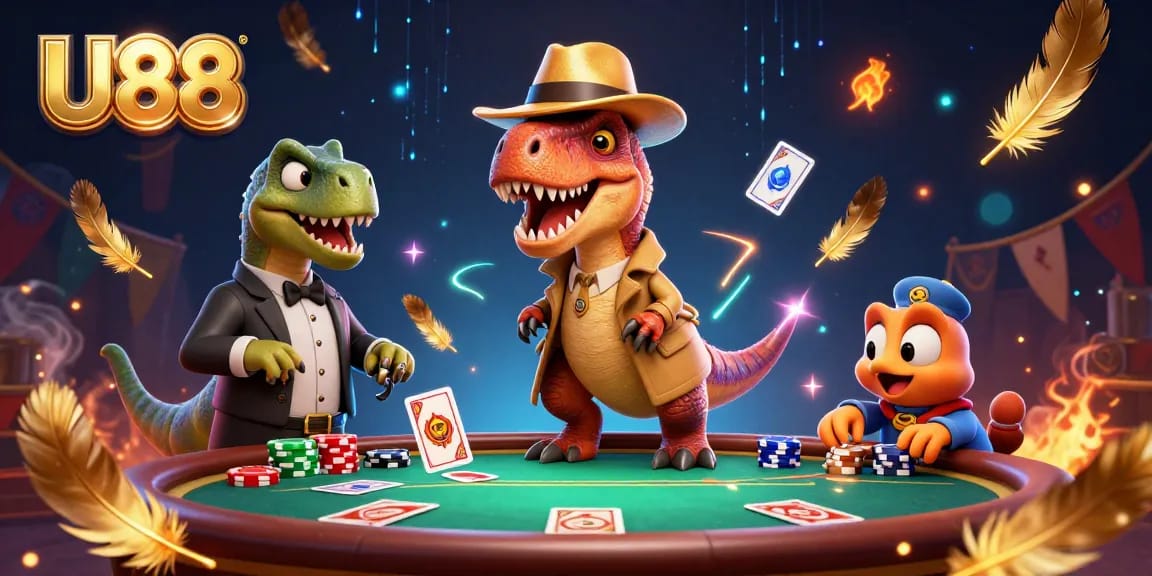 U88 velociraptor card counter strategizing poker while surrounded by chips and tossed cards