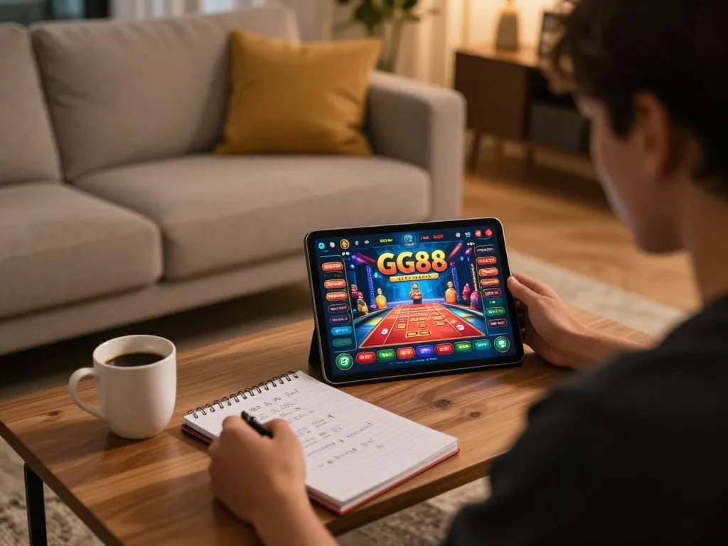 Engaging in online gaming on Trang chủ GG88 with a tablet, coffee, and strategy notes in a cozy setting