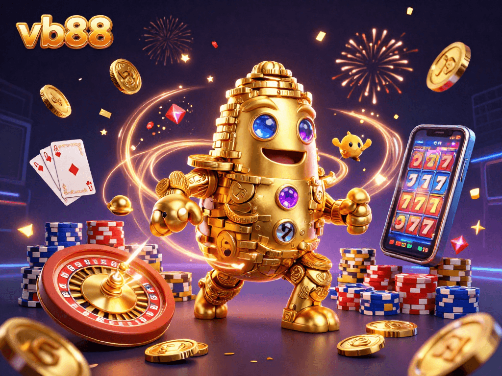 Experience the thrill of gambling with vb88 featuring captivating golden golem and slot symbols.