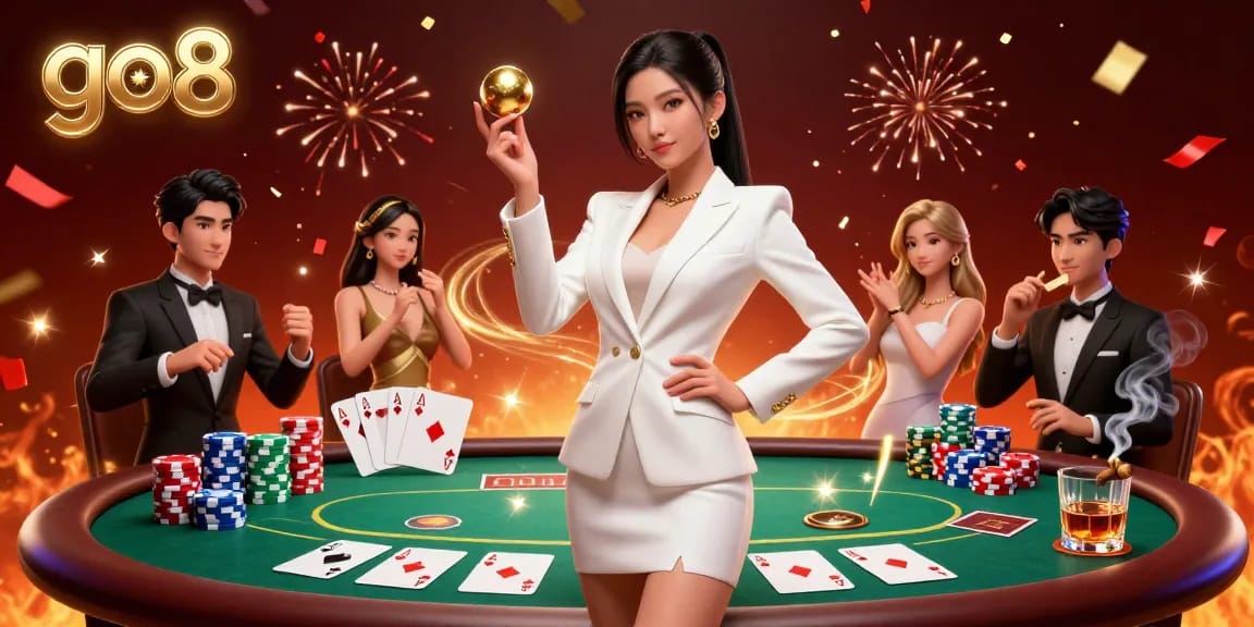 Experience the excitement of go8 with a glamorous casino scene showcasing a confident dealer and vibrant poker elements.