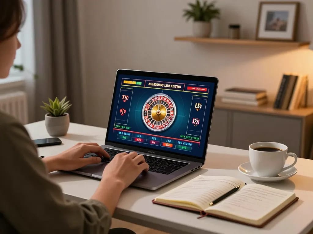 Engaging in online gaming at home with fabet, enjoying live roulette on a laptop.