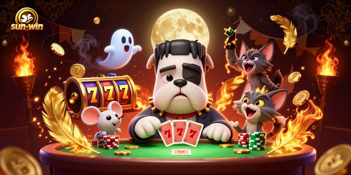 Engage with sun-win as a quirky bulldog dealer and ghost mouse in a dynamic casino scene.
