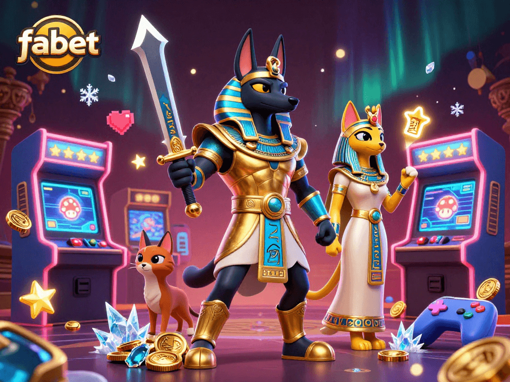 Experience the thrill of fabet gaming with Anubis and Bastet in a vibrant, dynamic casino scene.