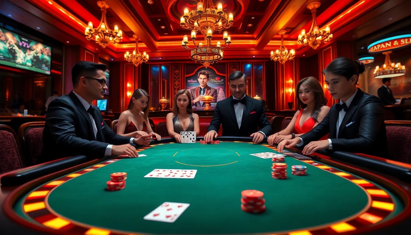 Exciting virtual scene of game đánh bài đổi thưởng featuring players at a poker table.